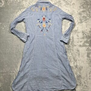 Nostalgia Shirt Dress Women Small Blue White Pinstripe Floral Embroidered Cotton
